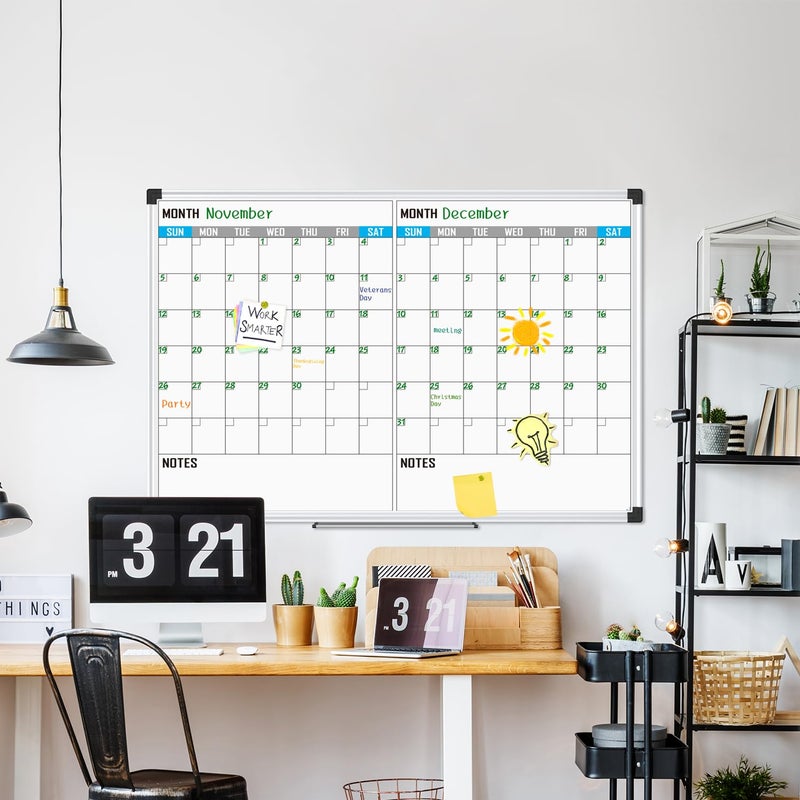 XBoard Magnetic Calendar Whiteboard 48" x 36" - 2 Month Dry Erase Board, White Board + Colorful Calendar Board, Silver Aluminium Framed Monthly Planning Board - Image 2