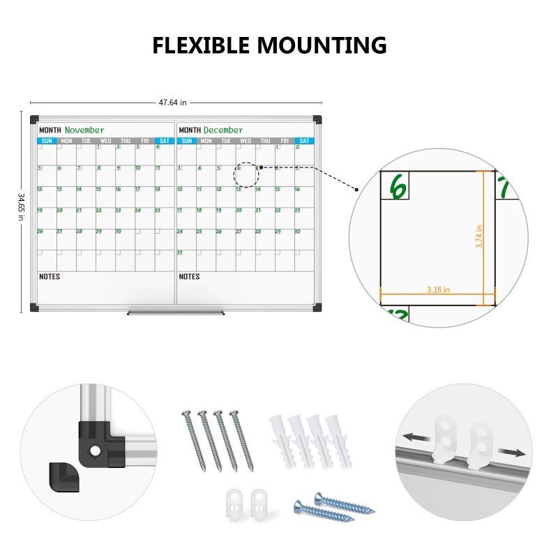 XBoard Magnetic Calendar Whiteboard 48" x 36" - 2 Month Dry Erase Board, White Board + Colorful Calendar Board, Silver Aluminium Framed Monthly Planning Board - Image 4