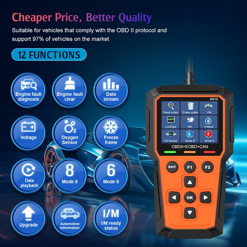 M519 OBD2 Scanner for Car, 2.8" HD Color Screen Diagnostic Tool with 40,000+ DTC Library, Enhanced Engine Fault Code Reader with I/M Readiness, Real-Time Data Stream & Type-C Software Upgrade - Image 4