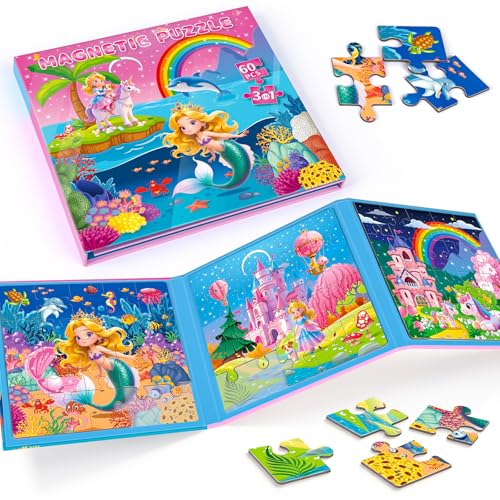 JUANCHI 3x20 Pieces Puzzles for Kids Ages 46 Magnetic Puzzles for Kids Ages 35 MermaidPrincessUnicorn 3 in 1 Car Airplane Road Trip Activities Toys for 3 4 5 6 Girls - Image 1