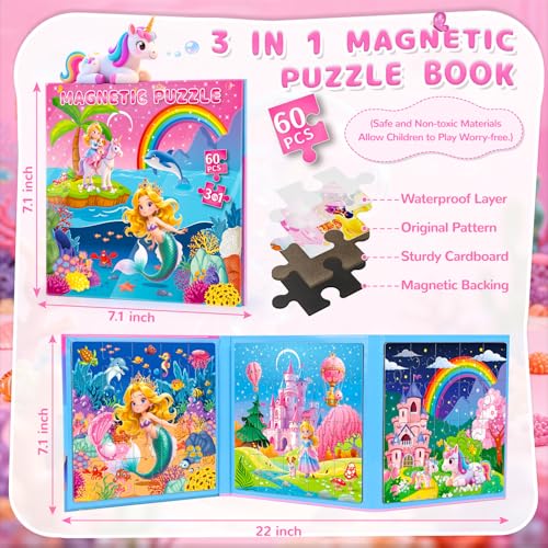 JUANCHI 3x20 Pieces Puzzles for Kids Ages 46 Magnetic Puzzles for Kids Ages 35 MermaidPrincessUnicorn 3 in 1 Car Airplane Road Trip Activities Toys for 3 4 5 6 Girls - Image 5