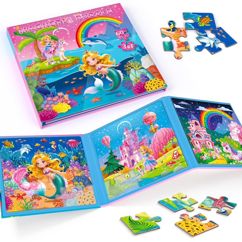JUANCHI 3x20 Pieces Puzzles for Kids Ages 46 Magnetic Puzzles for Kids Ages 35 MermaidPrincessUnicorn 3 in 1 Car Airplane Road Trip Activities Toys for 3 4 5 6 Girls - Image 3