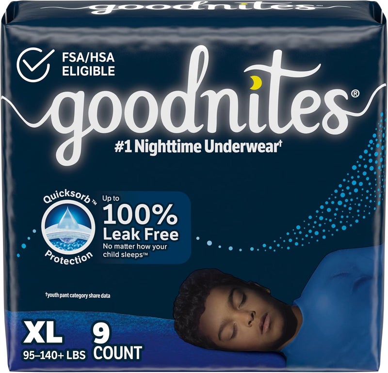 سراويل Goodnites الليلية للأطفال، حجم كبير جداً (95-140+ رطل)، 9 قطع، قد يختلف التعبئة