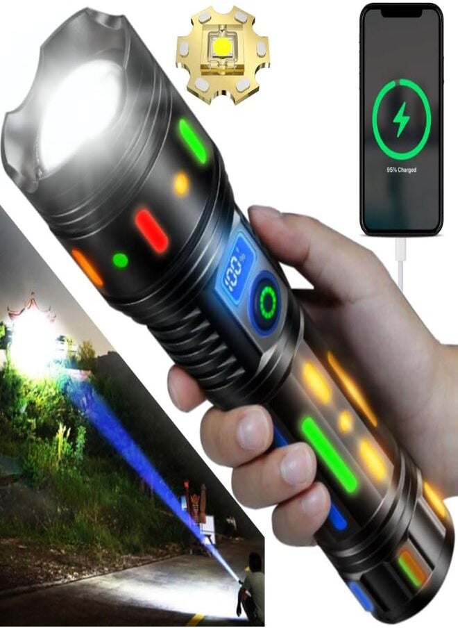 SUKILO High Powered Handheld Flashlight, Rechargeable LED with USB-C Fast Charge, 5 Lighting Modes, Colorful Fluorescent Strips Body, Mechanically Zoomable, IPX6 Waterproof for Hunting, Camping  - Image 1