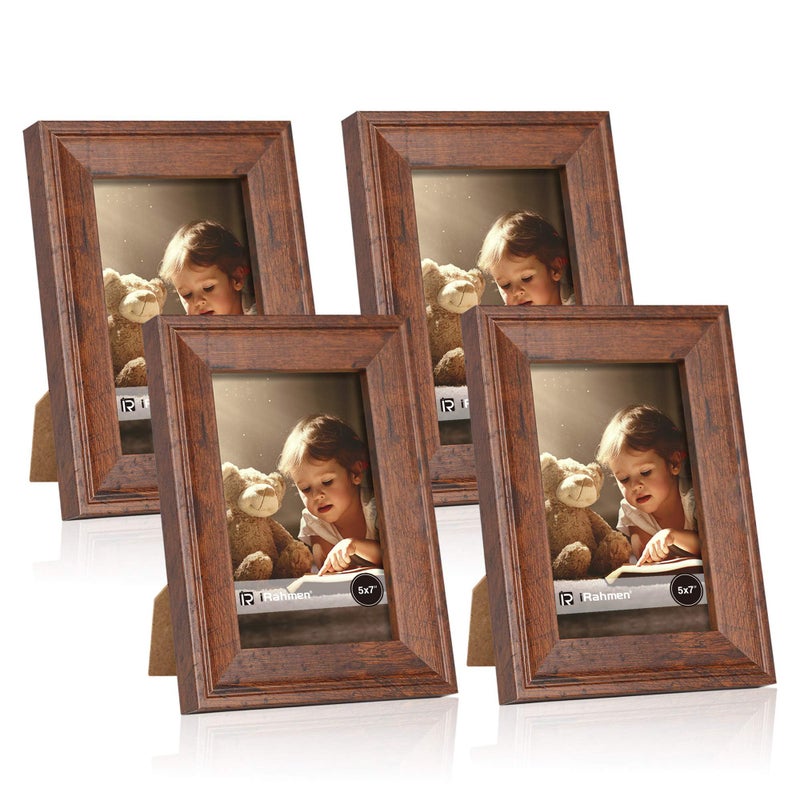 iRahmen 5x7 Picture Frame Set of 4, Brown Rustic Retro Photo Frame with Real Glass, 5 x 7 Frames for Wall Mount and Tabletop Display - Image 1