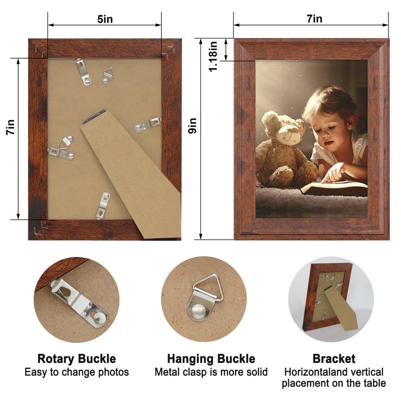 iRahmen 5x7 Picture Frame Set of 4, Brown Rustic Retro Photo Frame with Real Glass, 5 x 7 Frames for Wall Mount and Tabletop Display - Image 4