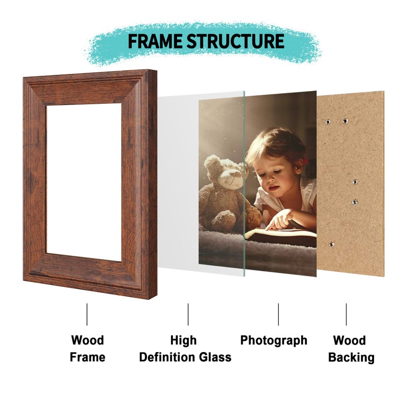 iRahmen 5x7 Picture Frame Set of 4, Brown Rustic Retro Photo Frame with Real Glass, 5 x 7 Frames for Wall Mount and Tabletop Display - Image 3
