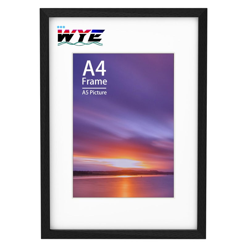 wyewye A4 Frame Wooden Photo Frames with A5 Mount A4 Picture Frames with Stand Tabletop or Wall Hanging A4 Black Frame Poster Frame with Plexiglass Window Black