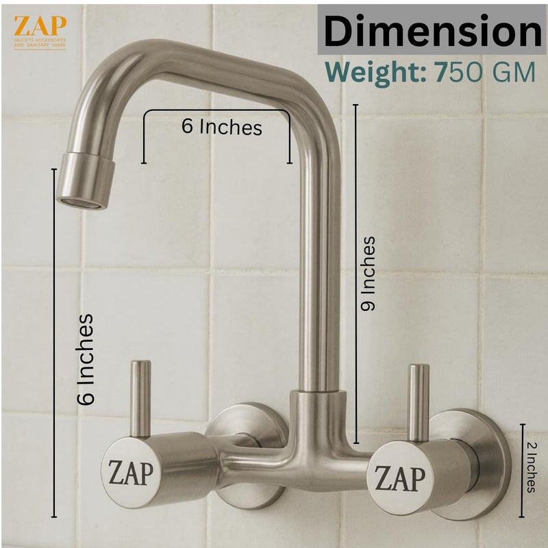ZAP خلاط حوض المطبخ Elixir 1342 L مع فوهة دوارة 360° | خلاط مطبخ من الفولاذ المقاوم للصدأ مثبت على الحائط | خلاط مياه ساخنة وباردة للمنزل - Image 2