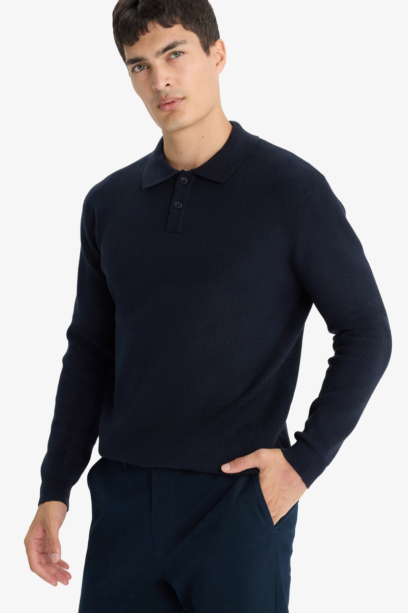 DeFacto Blue Man Standard Fit Polo Collar Knitwear Pullover Casual - Image 1
