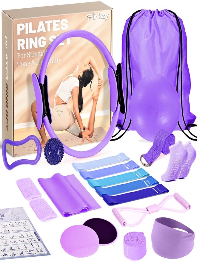 Flickzy Pilates Ring Set for Women, Magic Circle Pilates Rings 12" with Resistance Bands, Pilates Equipment for Home Workout, Pilates Kit for Strength, Toning and Flexibility(Purple,15pcs) - Image 1