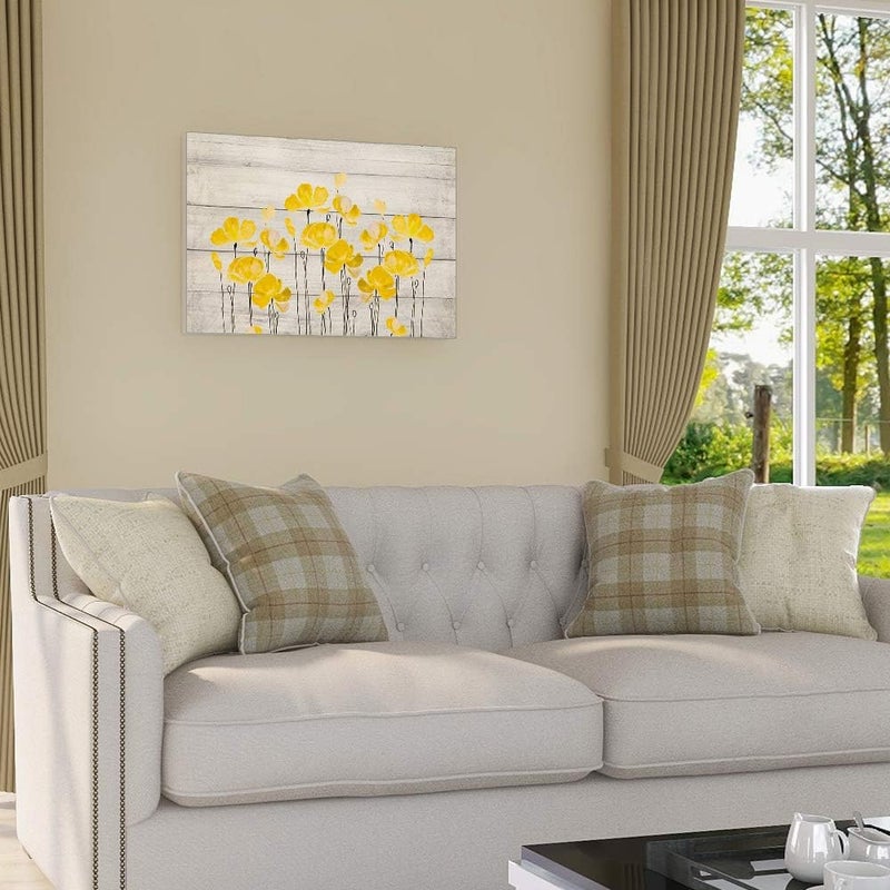 SUMGAR Canvas Wall Art Flowers Yellow and Gray Framed Floral Modern Prints for Living Room, Set of 3 36"x24" - Image 3