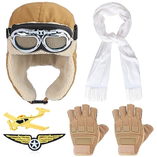 Yewong Aviator Costume Accessory Set Fur Ear Flaps Trooper Trapper Pilot Cap Aviator Goggles Scarf Gloves for Men Women Air Force Fighter Cosplay - Image 1