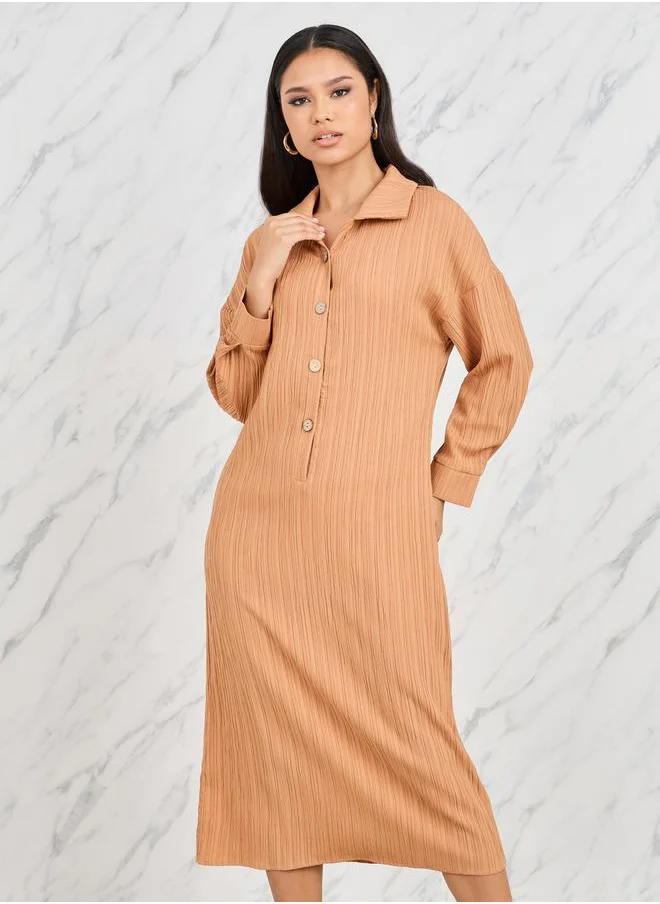 ستايلي Textured Button Placket Shirt Midi Dress