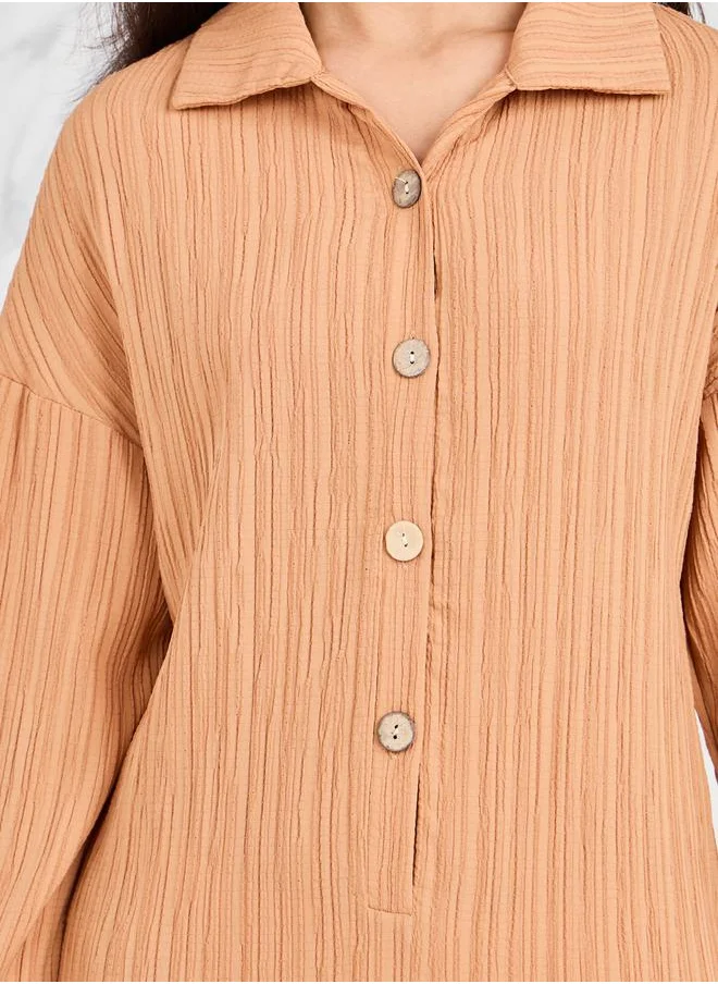 ستايلي Textured Button Placket Shirt Midi Dress