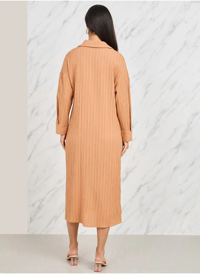 ستايلي Textured Button Placket Shirt Midi Dress