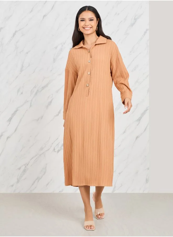 ستايلي Textured Button Placket Shirt Midi Dress