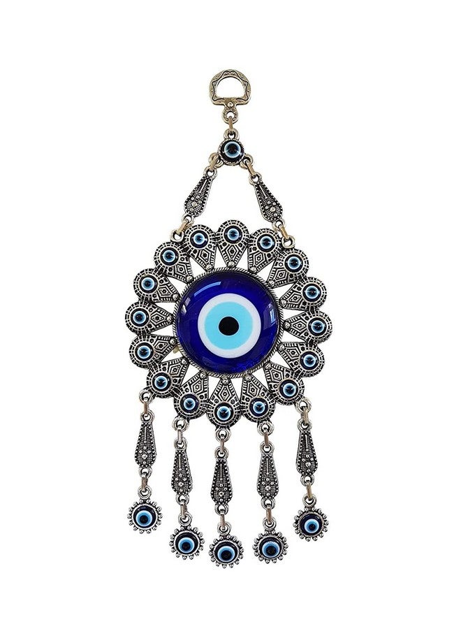 BLUE BEADS تعليق حائط عين الشر الفضي مع خرز أزرق - تميمة نازار تركية مصنوعة يدويًا | تعويذة حماية روحية للمنزل والمكتب | زينة بوهيمية زخرفية (تصميم شمس مع تعويذة) - Image 1