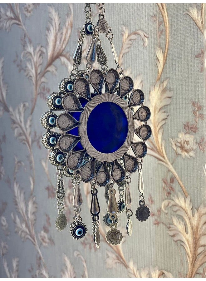 BLUE BEADS تعليق حائط عين الشر الفضي مع خرز أزرق - تميمة نازار تركية مصنوعة يدويًا | تعويذة حماية روحية للمنزل والمكتب | زينة بوهيمية زخرفية (تصميم شمس مع تعويذة) - Image 4