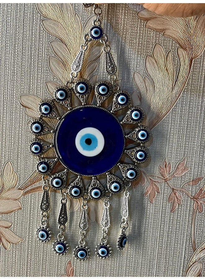 BLUE BEADS تعليق حائط عين الشر الفضي مع خرز أزرق - تميمة نازار تركية مصنوعة يدويًا | تعويذة حماية روحية للمنزل والمكتب | زينة بوهيمية زخرفية (تصميم شمس مع تعويذة) - Image 5