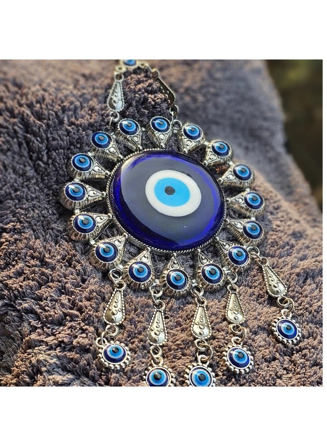 BLUE BEADS تعليق حائط عين الشر الفضي مع خرز أزرق - تميمة نازار تركية مصنوعة يدويًا | تعويذة حماية روحية للمنزل والمكتب | زينة بوهيمية زخرفية (تصميم شمس مع تعويذة) - Image 2