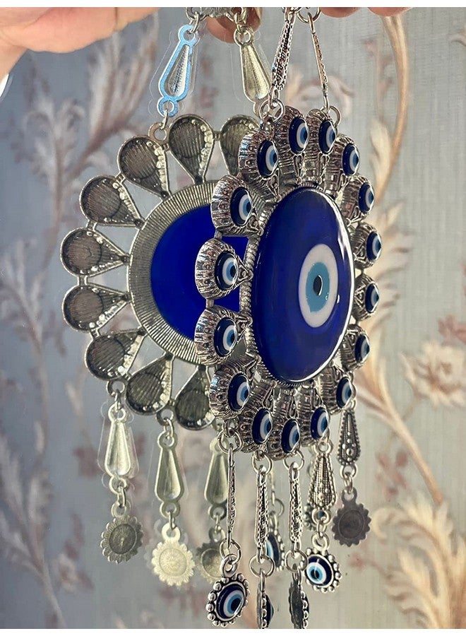 BLUE BEADS تعليق حائط عين الشر الفضي مع خرز أزرق - تميمة نازار تركية مصنوعة يدويًا | تعويذة حماية روحية للمنزل والمكتب | زينة بوهيمية زخرفية (تصميم شمس مع تعويذة) - Image 3