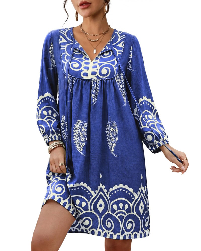 Eddoyee Womens Summer Casual Dresses 3/4 Sleeve Boho Floral Dress V Neck Flowy Sun Dress for Beach Vacation Blue - Image 1