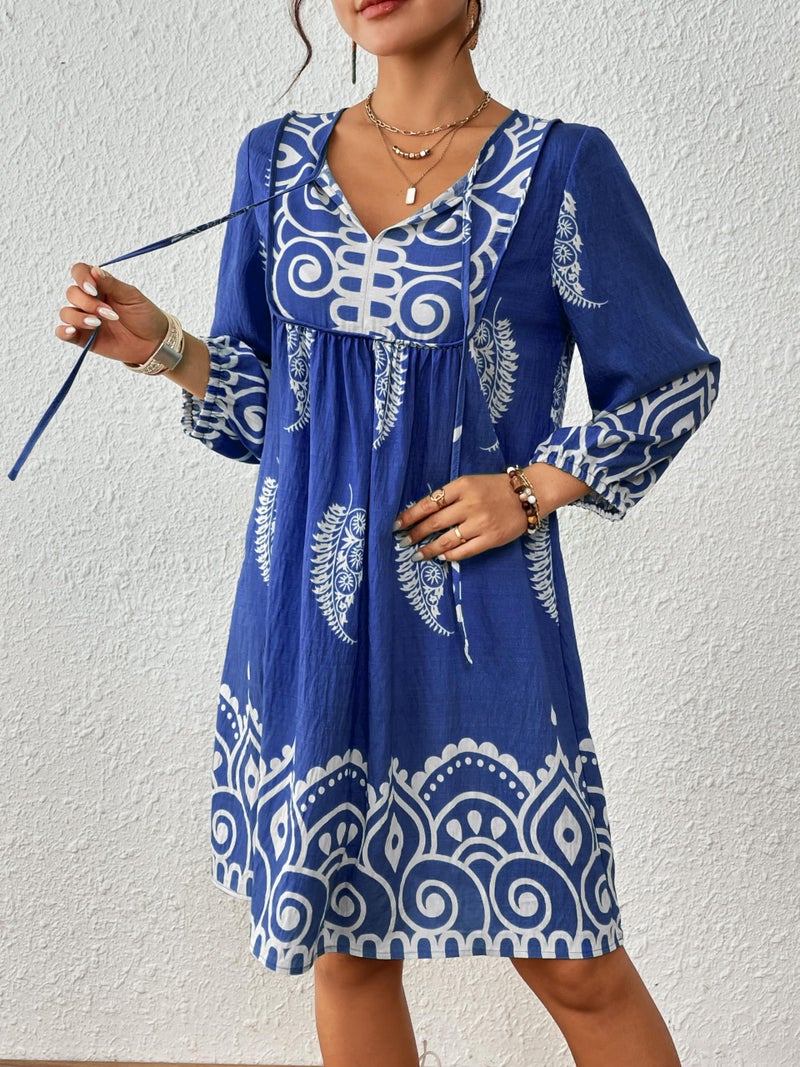 Eddoyee Womens Summer Casual Dresses 3/4 Sleeve Boho Floral Dress V Neck Flowy Sun Dress for Beach Vacation Blue - Image 4