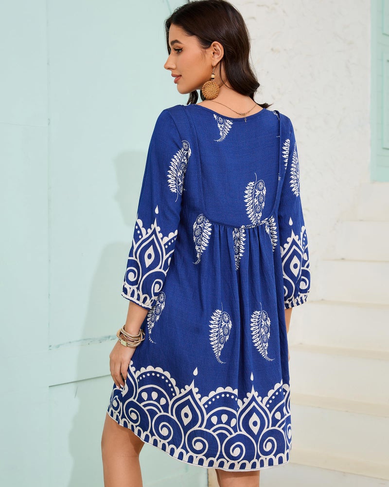 Eddoyee Womens Summer Casual Dresses 3/4 Sleeve Boho Floral Dress V Neck Flowy Sun Dress for Beach Vacation Blue - Image 5