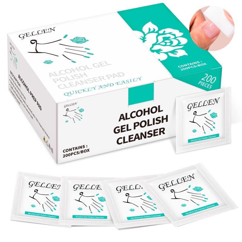 GELLEN Nail Cleanser Pads, 200 Pack Alcohol Prep Pads Nail Cleanser Wipes Remove Tacky Residue, Lint-free Glossy Wipes for Acrylic/Builder/Gel Polish Travel Individually Wrapped for Perfect Manicure - Image 1