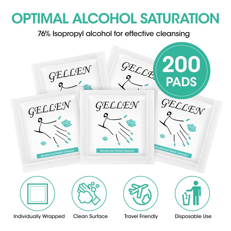 GELLEN Nail Cleanser Pads, 200 Pack Alcohol Prep Pads Nail Cleanser Wipes Remove Tacky Residue, Lint-free Glossy Wipes for Acrylic/Builder/Gel Polish Travel Individually Wrapped for Perfect Manicure - Image 2