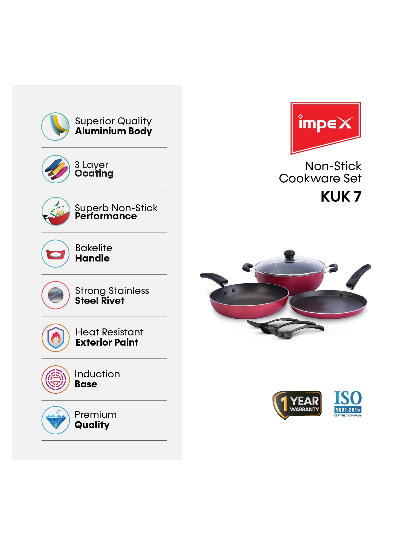 Impex KUK 7 Pcs Nonstick Cookware Set (Kadai Pan, Fry Pan,  Tawa Pan, Glass Lid and Spatula) 