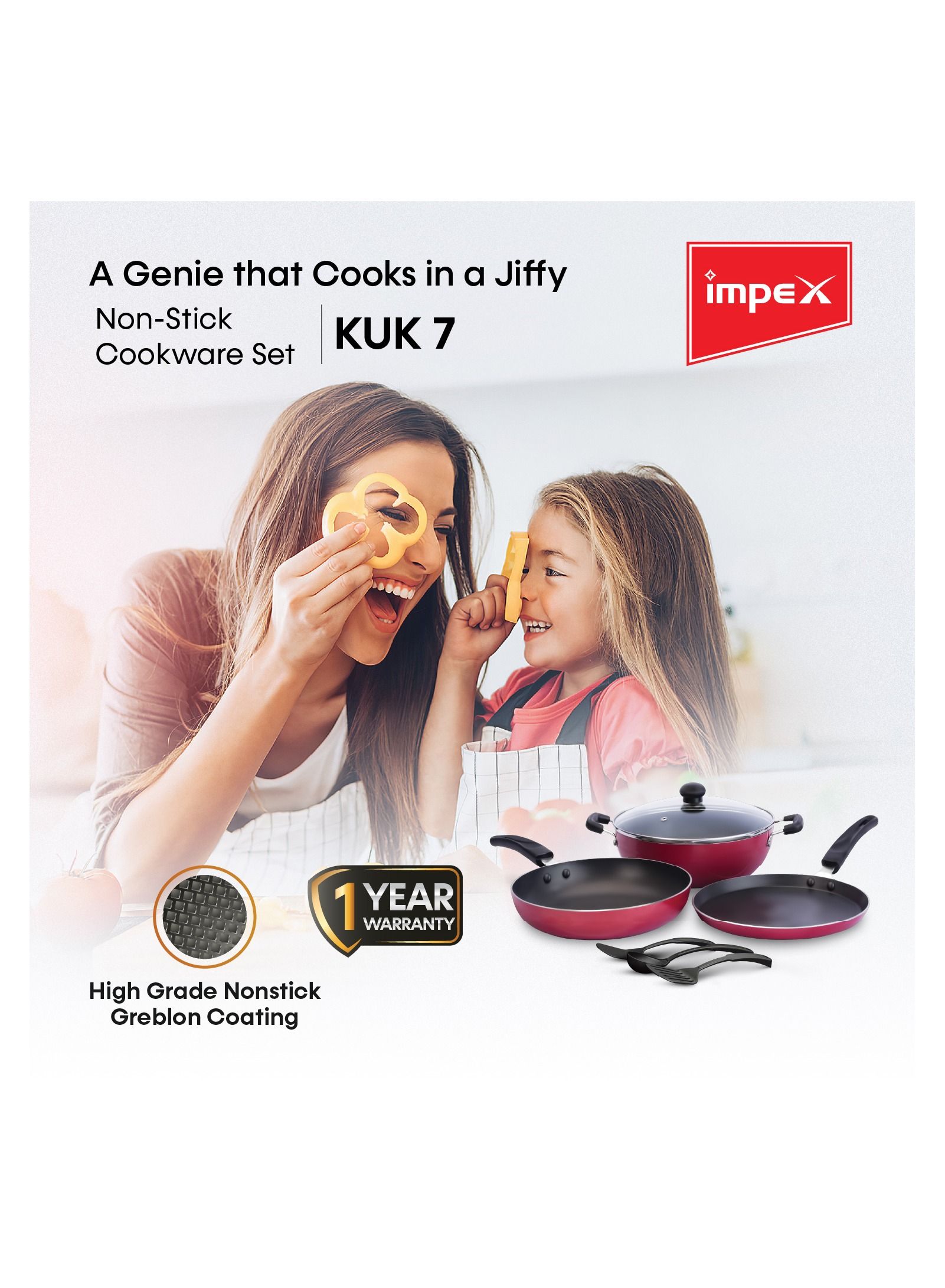 Impex KUK 7 Pcs Nonstick Cookware Set (Kadai Pan, Fry Pan,  Tawa Pan, Glass Lid and Spatula) 