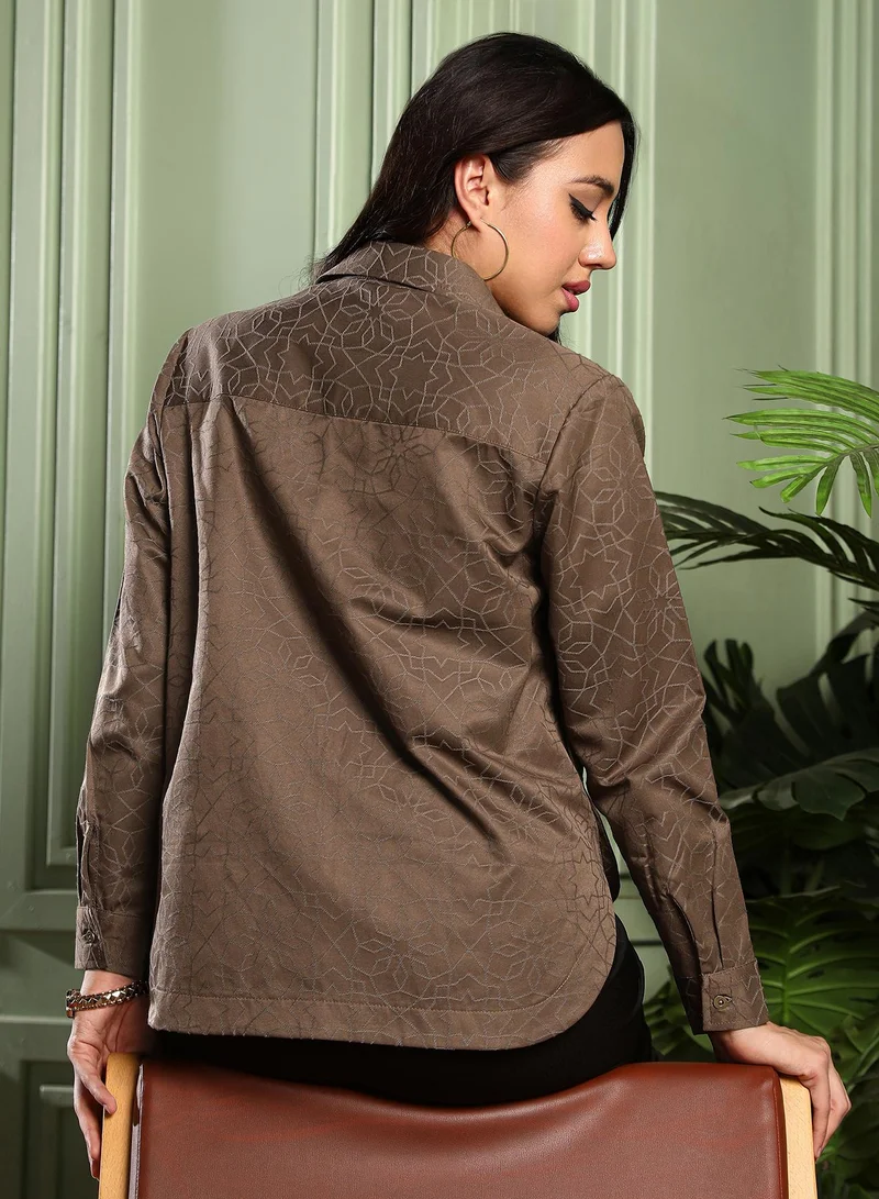 PINACOLADA Women's Celestrial-Jacquard Curved Shirt | Spread Collar , Long Button-Cuff Sleeves, Button Closure | Geometric Jacquard Woven Shirt For Casual & Daily Wear | Chocolate Brown