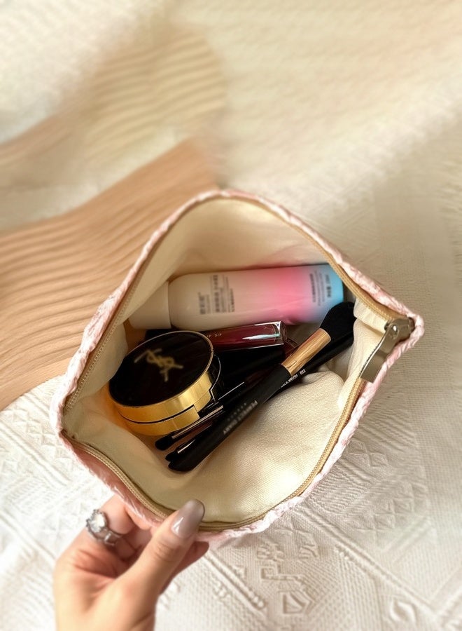 1 pack, pink zipper print cosmetic bag, travel storage bag, travel storage bag, women's toiletry bag for storing cosmetics, skin care products, bathroom products, nail polish storage and other beauty essentials. - Image 5