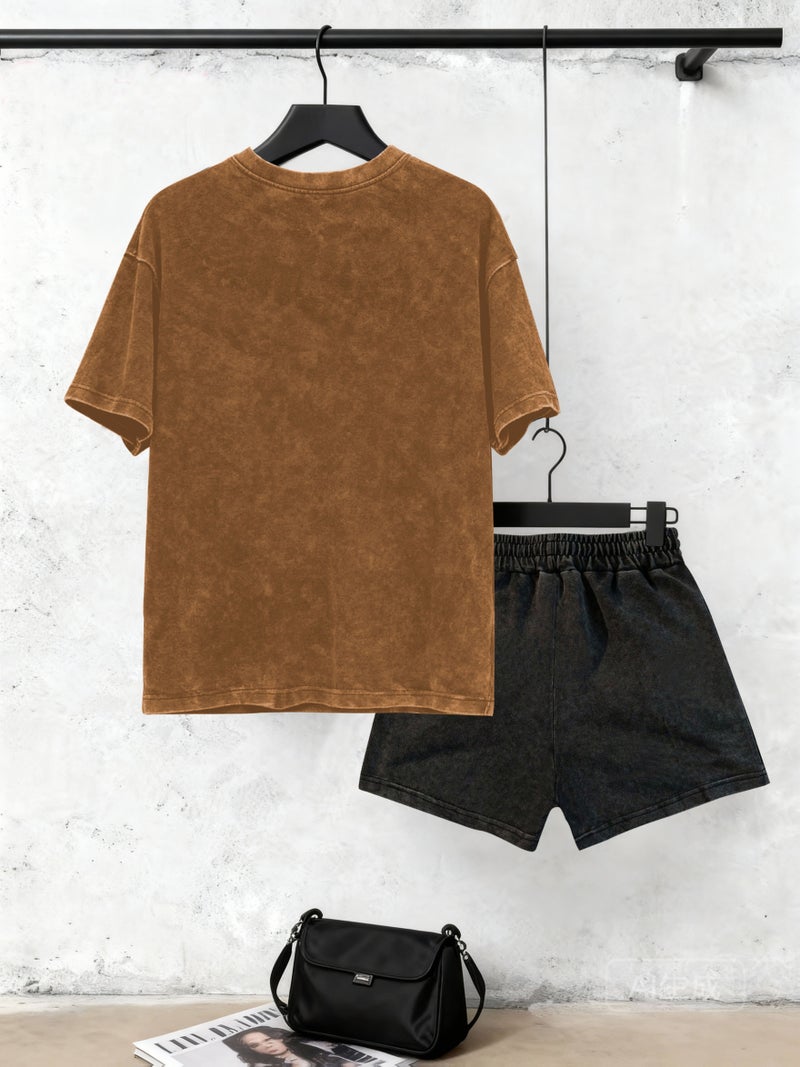 Solid Color Vintage Washed Short Sleeve & Shorts Set - Women's Distressed 2pcs Outfit, Relaxed Fit Summer Lounge Wear, Retro Casual Style - Image 2
