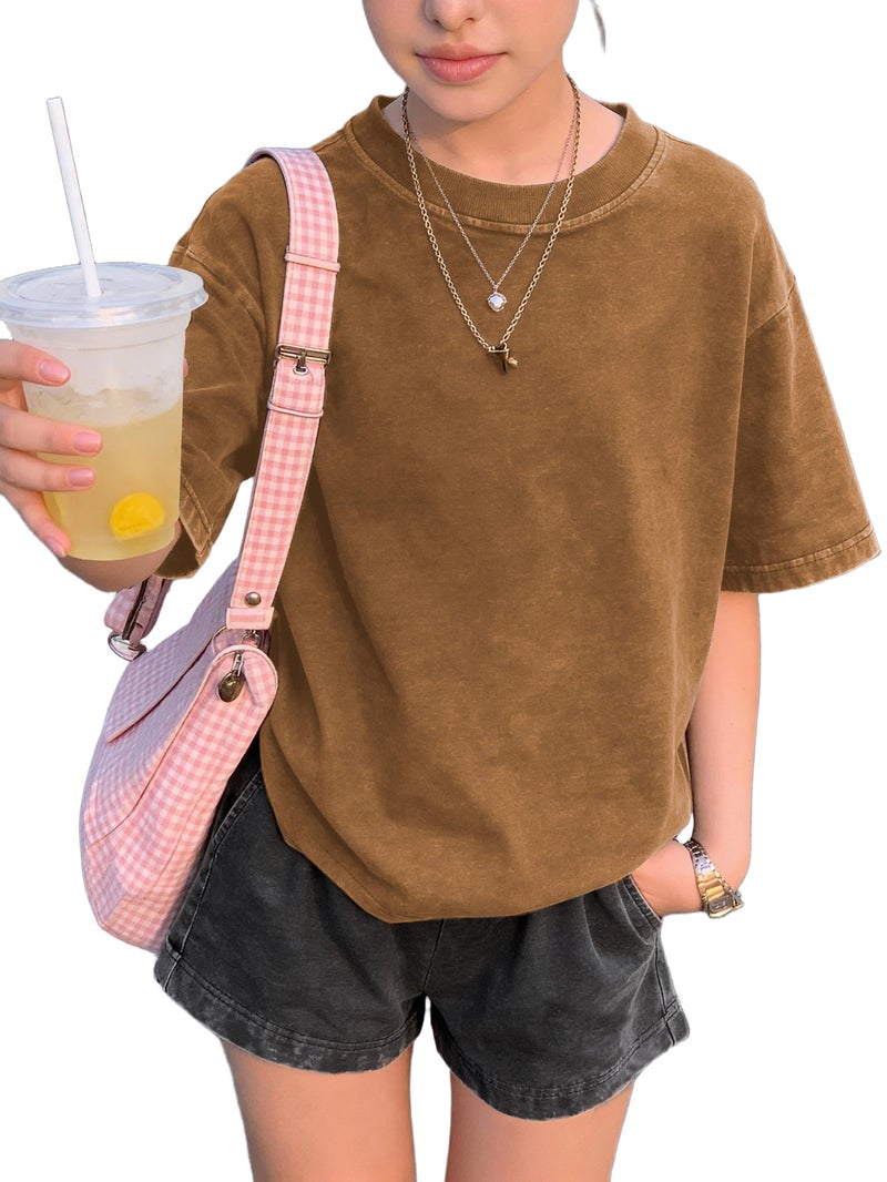 Solid Color Vintage Washed Short Sleeve & Shorts Set - Women's Distressed 2pcs Outfit, Relaxed Fit Summer Lounge Wear, Retro Casual Style - Image 1