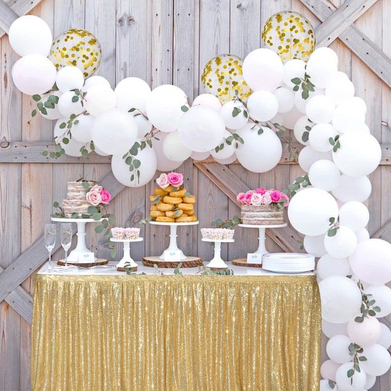 Poise3EHome Spakly Draped 9ft wide x 30 inches drop Gold Table Skirt for Birthday Party Baby Shower Dessert Table Wedding Cake Table Exhibition Reception