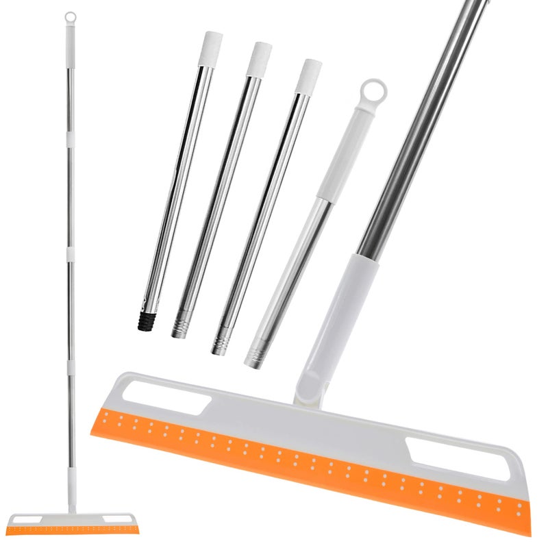 Multifunction Magic Broom Silicone Floor Squeegee Air Broom Rubber Squeegee with 56 Long Handle Floor Scraping Sweeper Wiper for Bathroom Shower Kitchen Pet Hair Fur Marble Tile Glass Orange