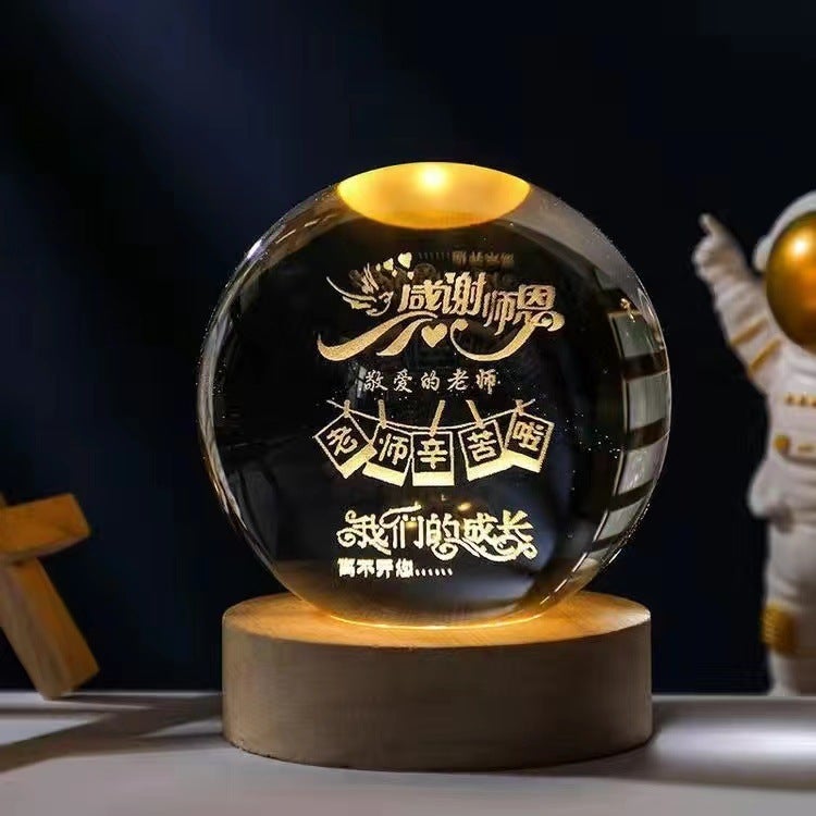 Wooden round luminous base crystal ball galaxy solar system creative night light ornaments glass ball craft gift Moon 6cm ball + 6cm log natural light base - Image 4
