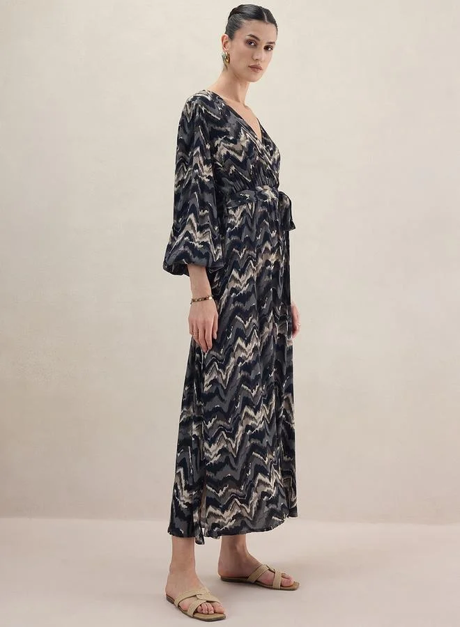 Femmella Femmella Abstract Print Balloon Sleeve Wrap Maxi Dress with Tie-Up Belt