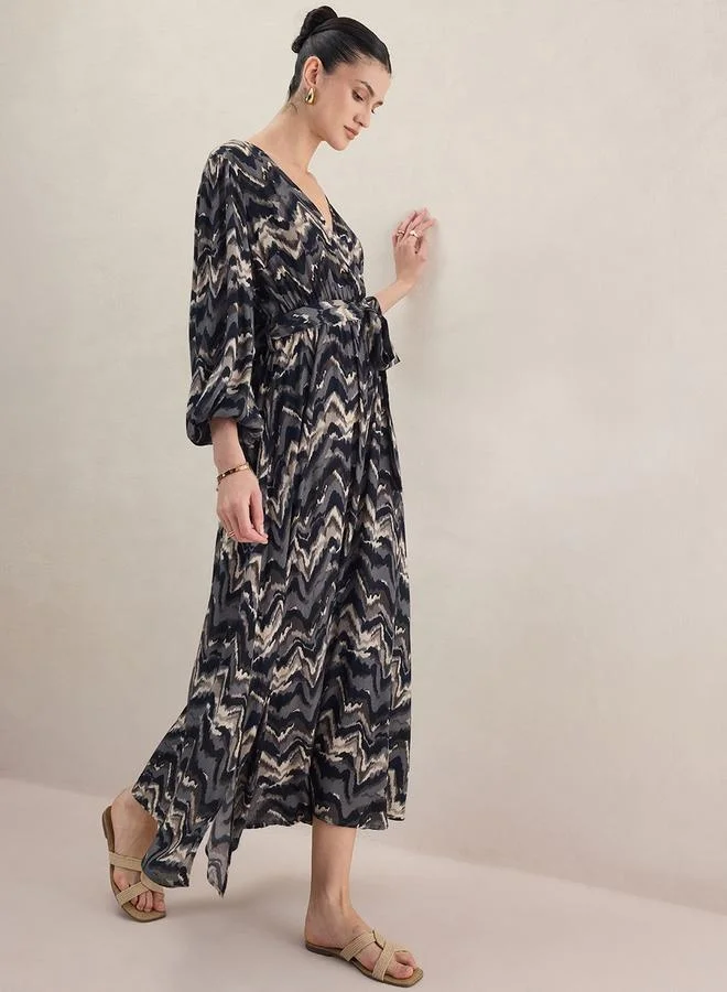 Femmella Femmella Abstract Print Balloon Sleeve Wrap Maxi Dress with Tie-Up Belt