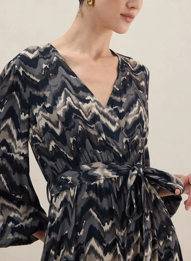 Femmella Femmella Abstract Print Balloon Sleeve Wrap Maxi Dress with Tie-Up Belt
