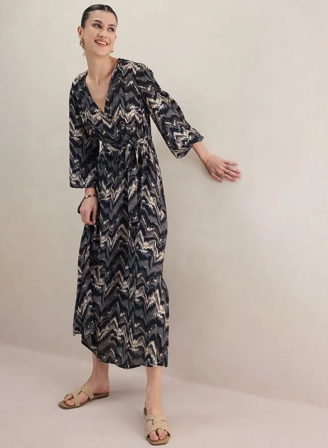 Femmella Femmella Abstract Print Balloon Sleeve Wrap Maxi Dress with Tie-Up Belt