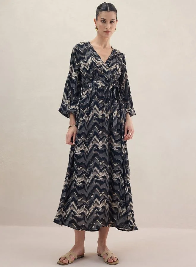 Femmella Femmella Abstract Print Balloon Sleeve Wrap Maxi Dress with Tie-Up Belt