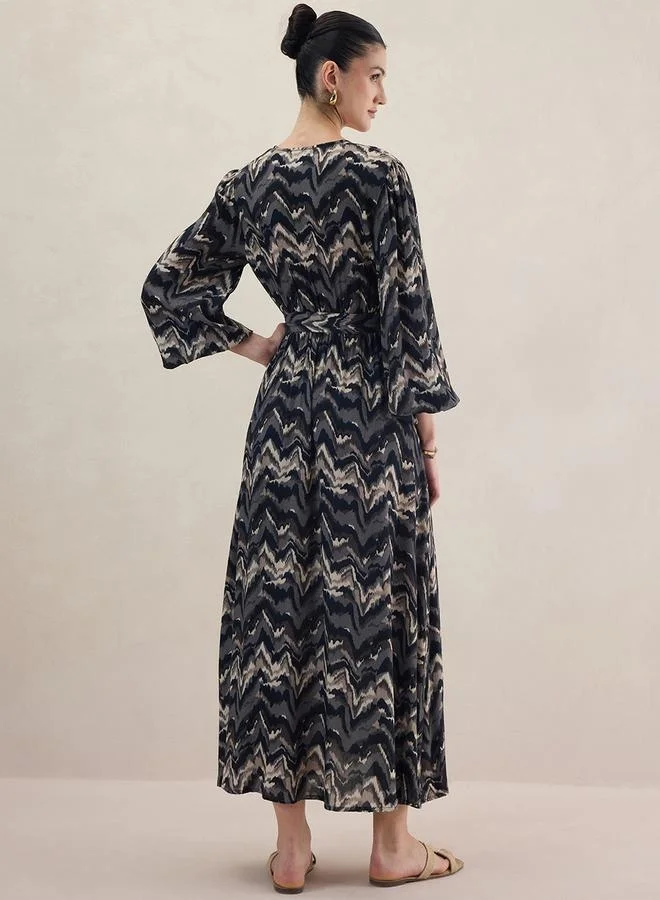 Femmella Femmella Abstract Print Balloon Sleeve Wrap Maxi Dress with Tie-Up Belt