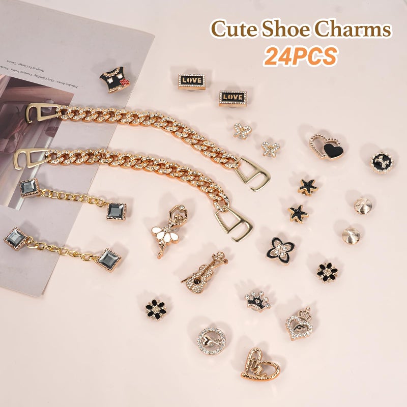 Lugailly Bling Shoe Charms for Clog Sandals, Black and Gold Shoe Charms for Girls and Women, 24 PCS Glitter Rhinestones Flower Shoe Decoration Charms Bulk, Girly Shoe Chains Pins Accessories - Image 2