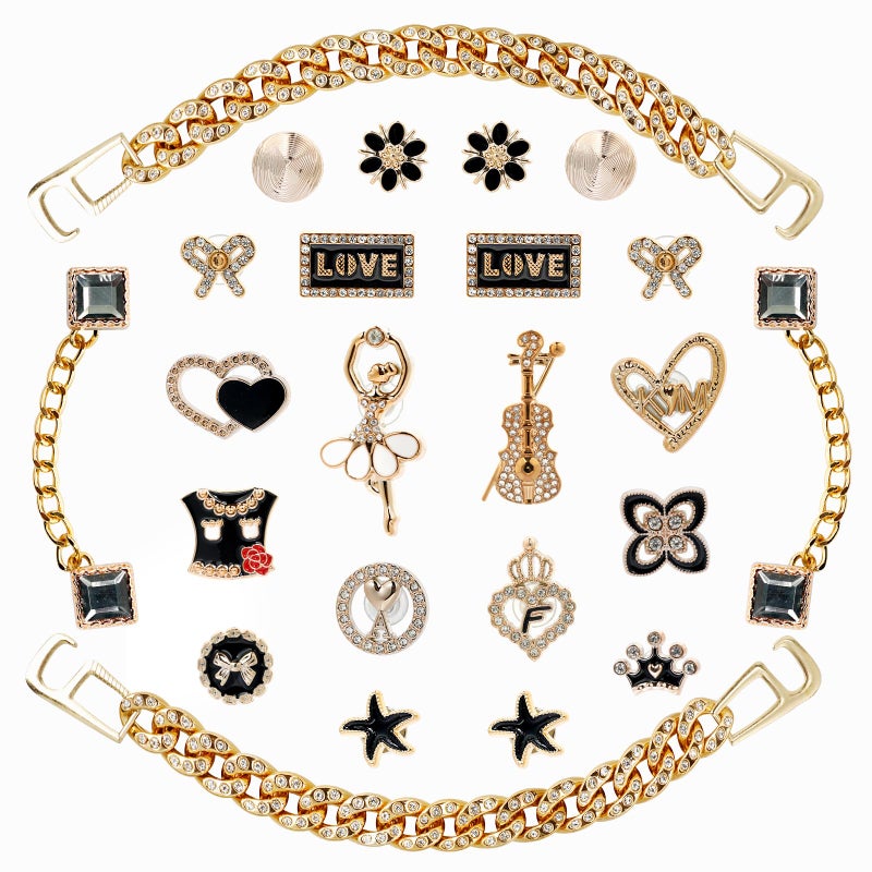 Lugailly Bling Shoe Charms for Clog Sandals, Black and Gold Shoe Charms for Girls and Women, 24 PCS Glitter Rhinestones Flower Shoe Decoration Charms Bulk, Girly Shoe Chains Pins Accessories - Image 1