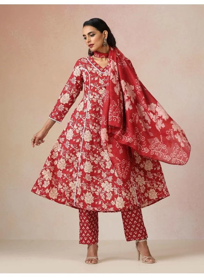 trueBrowns Red Cotton Print A Line Kurta 3pc Set