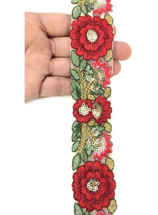 DaSync red lace and Border Materials Floral Flower Sequin Sequence Embroidered Embroidery Golden Dupatta Blouse Lehenga Sari Saree Blouse Dress Gown Decoration 9 Meter - Image 5